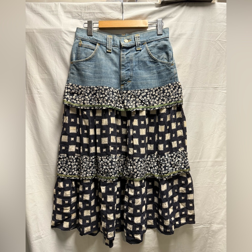 Y2K upcycled Denim Patterned Tier Ruffle Maxi Skirt